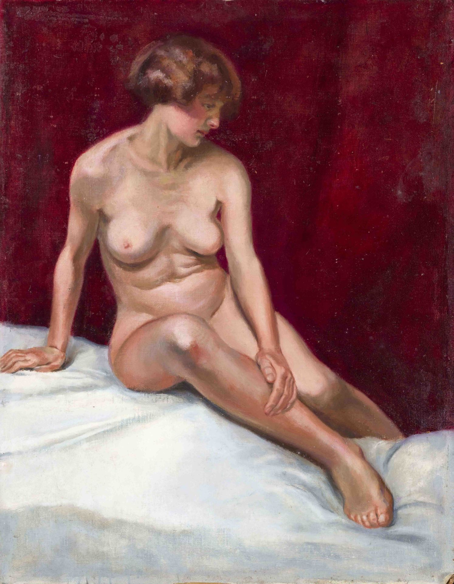 Anonymous painter c. 1030, seated female nude, oil on canvas over cardboard, unsigned, verso