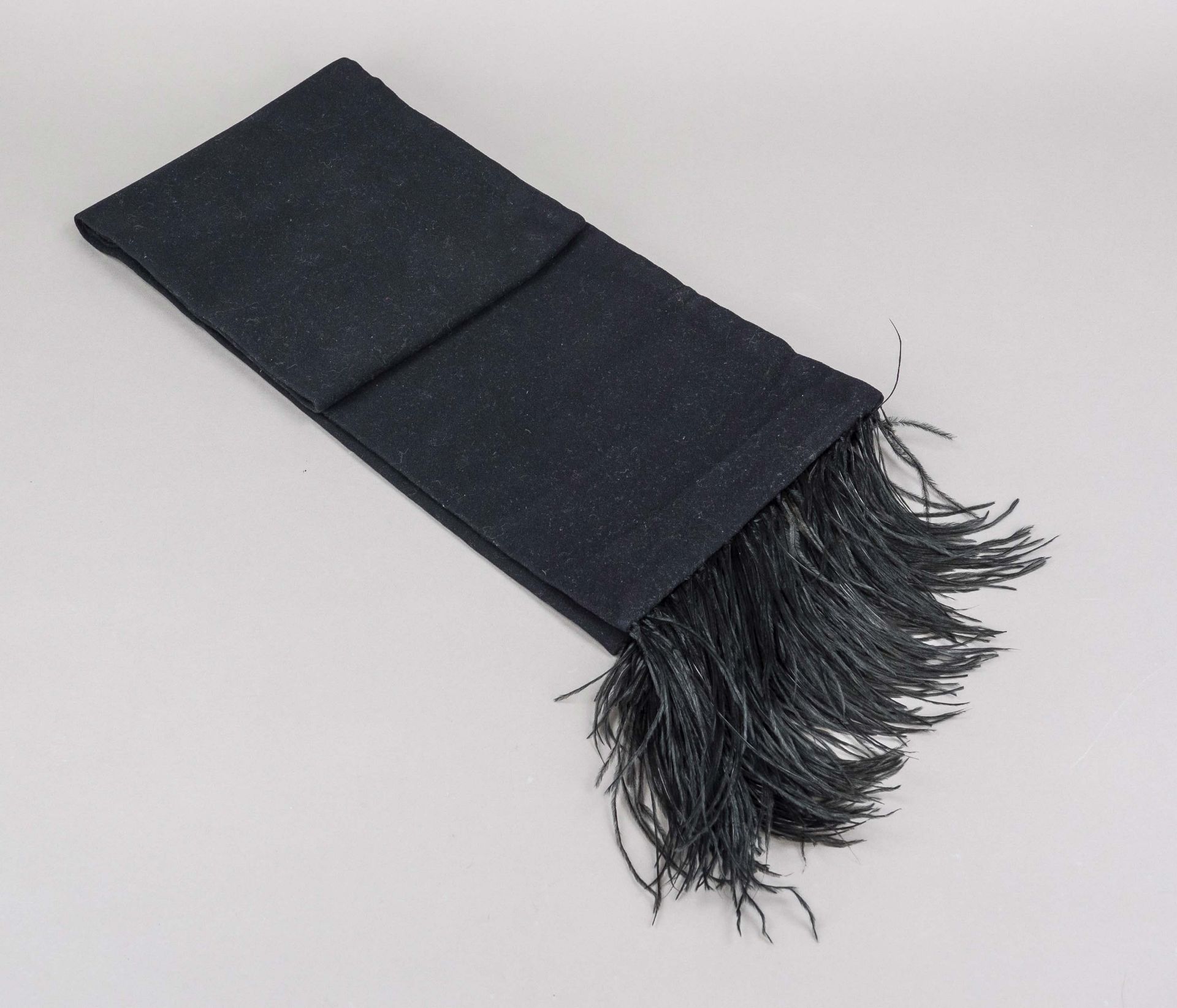 Jil Sander, wide scarf, soft black textile blend with feathered hem (marabou feathers?), slight