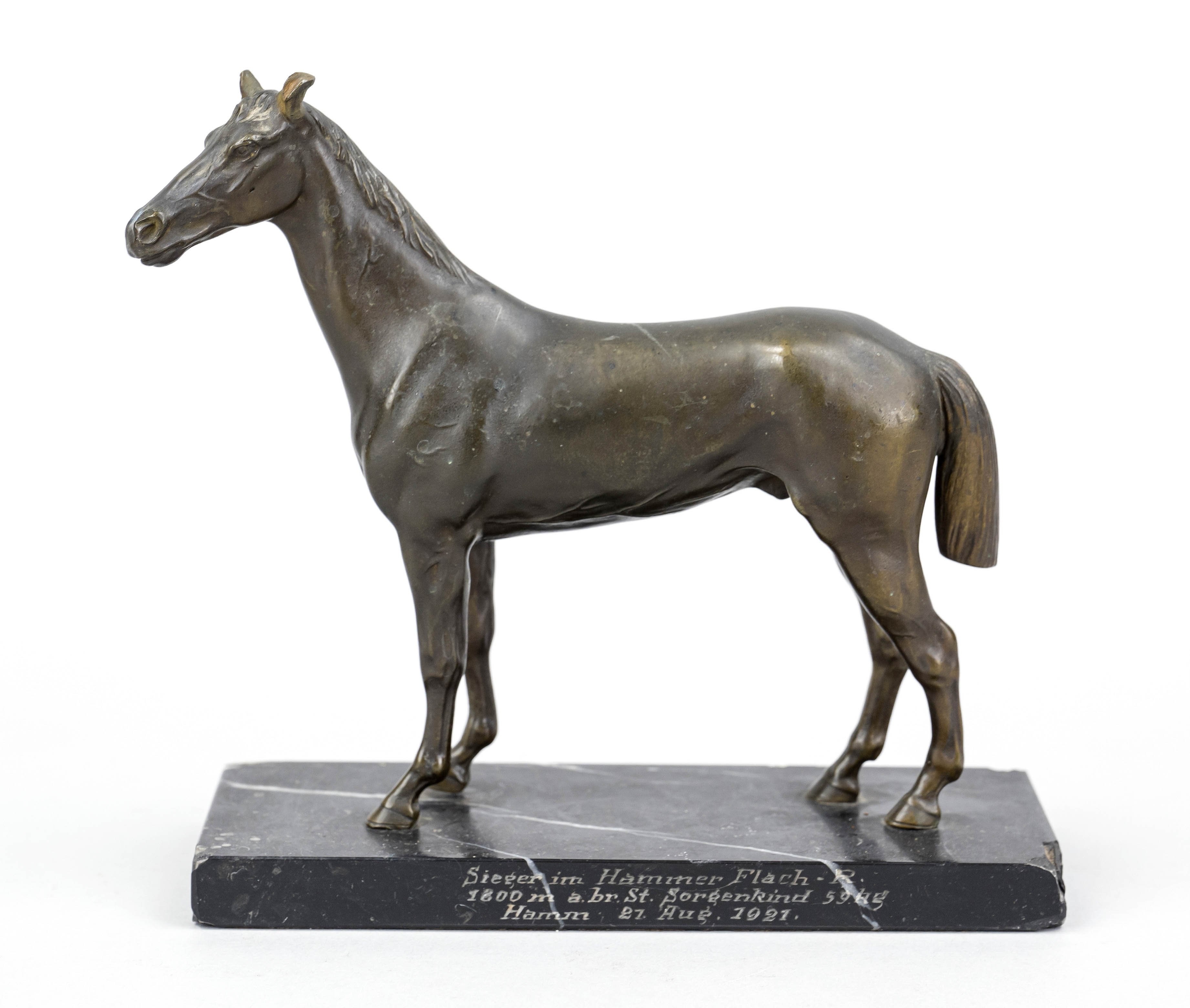 Anonymous animal sculptor, c. 1920, standing horse, patinated bronze on marble plinth with engraving