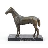 Anonymous animal sculptor, c. 1920, standing horse, patinated bronze on marble plinth with engraving