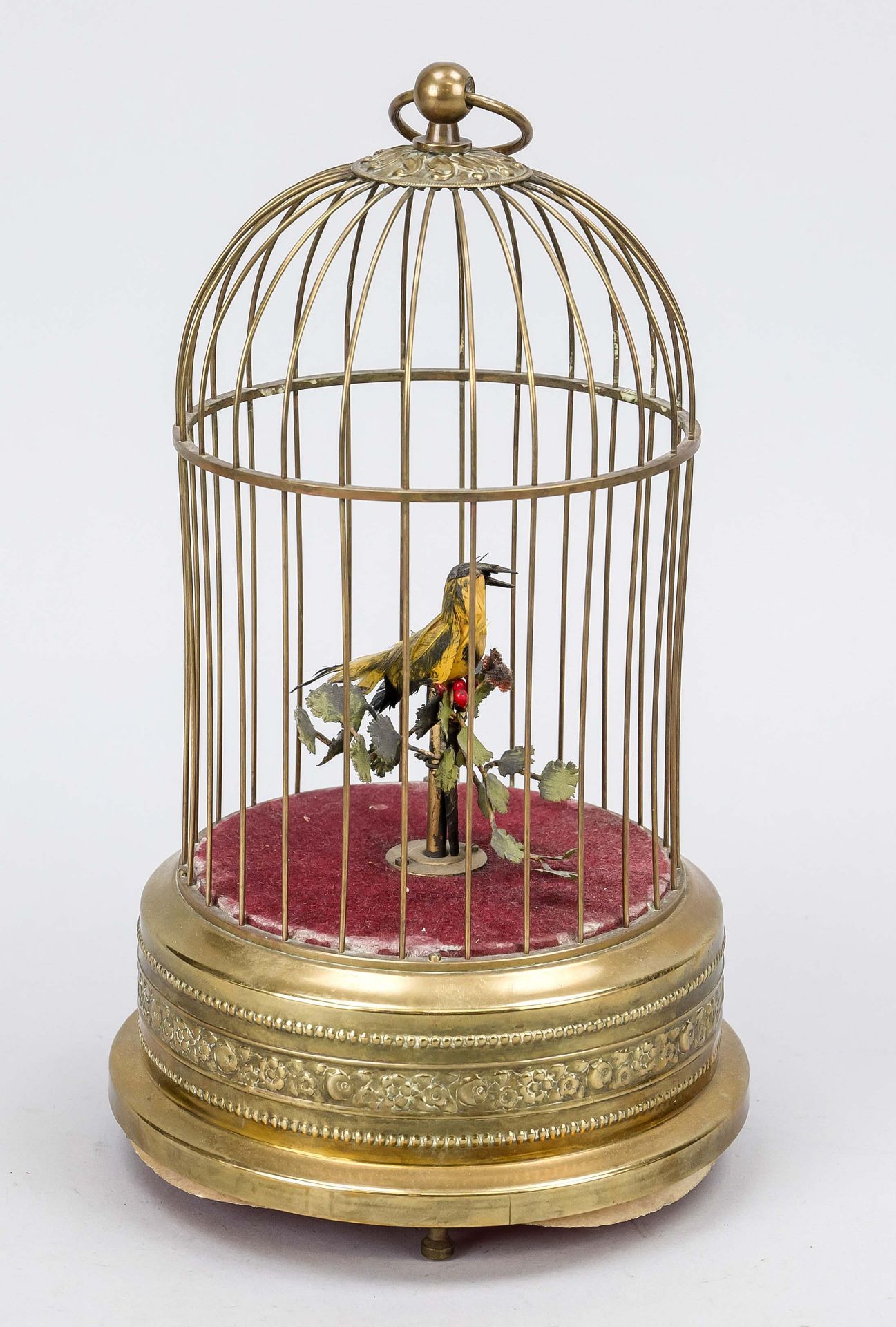 Singing bird automaton, 1st half of the 20th century, metal dome-shaped cage, inside a singing