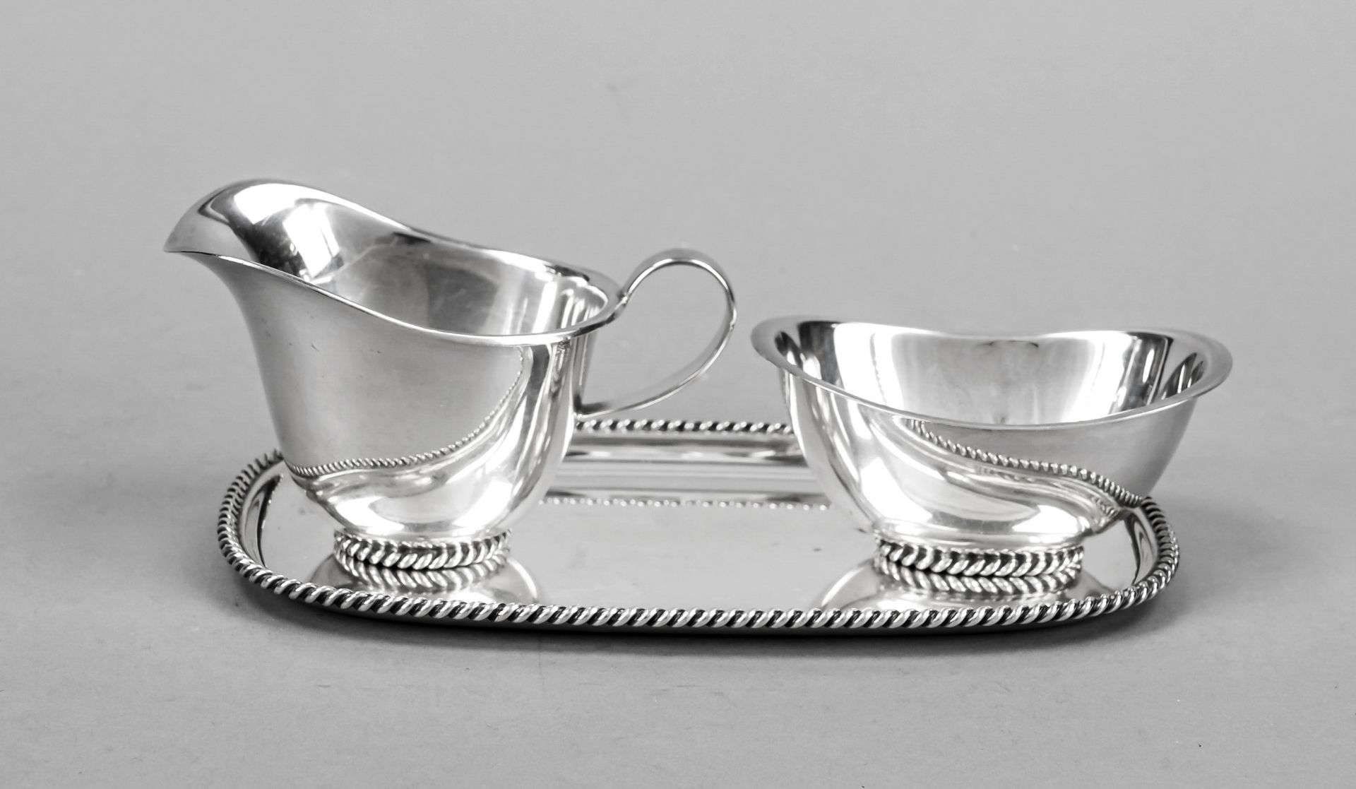 Cream and sugar jug on tray, German, 20th century, maker's mark M. H. Wilkens & Söhne, Bremen-