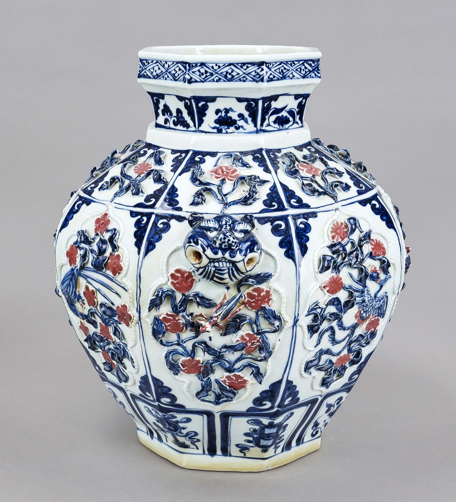 Large octagonal vase, China, 20th century, all sides with relief decoration as matching curved - Image 2 of 2