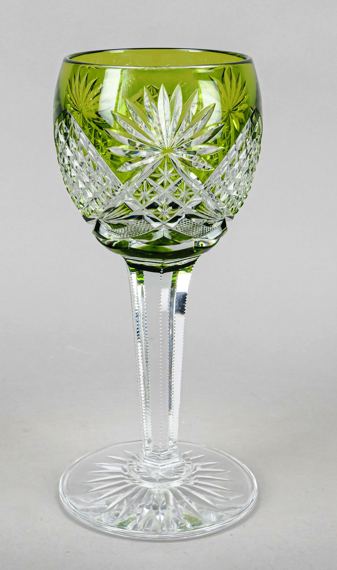 Very large wine glass, 20th century, round disk base, angular conical stem, bulbous bowl, clear