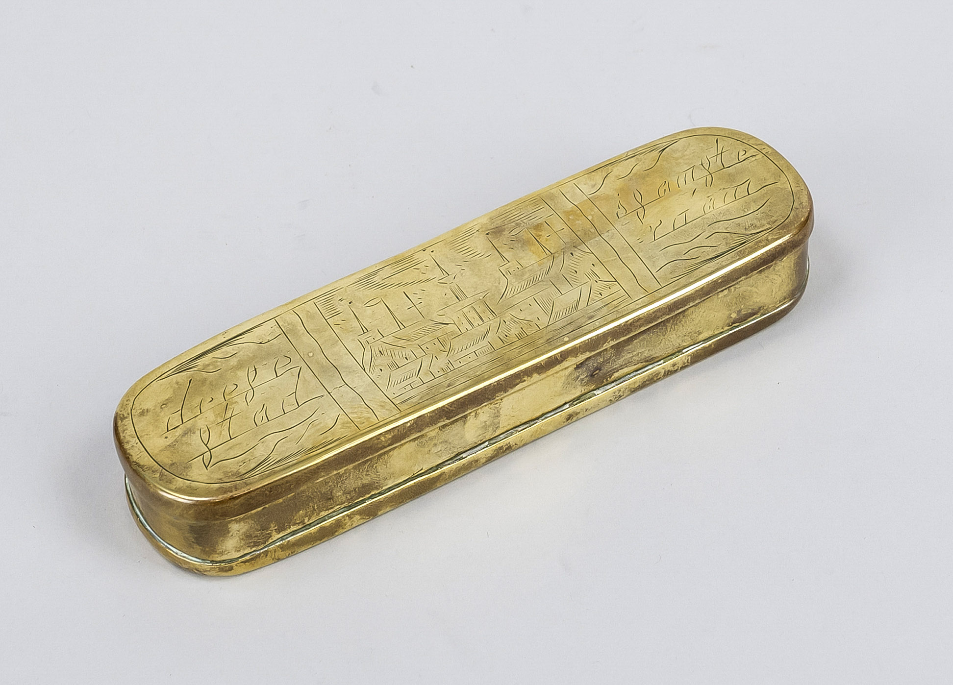 Dutch tobacco box, 19th century, brass with engraving, l. 17 cm