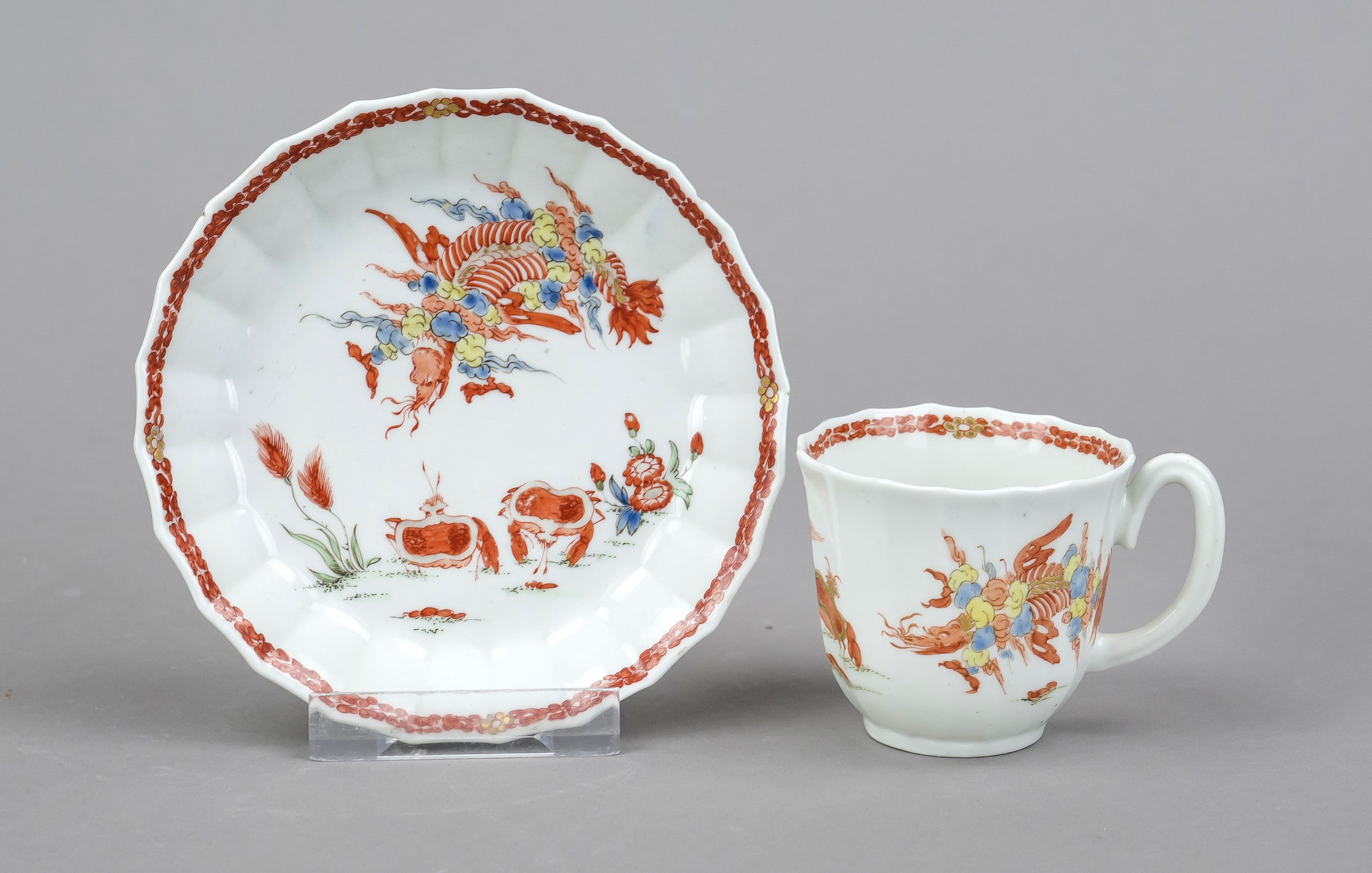 Small cup and saucer, Worcester, c. 1758, faceted wall, polychrome Kakiemon painting with two