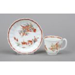 Small cup and saucer, Worcester, c. 1758, faceted wall, polychrome Kakiemon painting with two