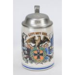 Patriotic beer mug, early 20th century Stoneware with gray glaze and military motif ''God with us'',