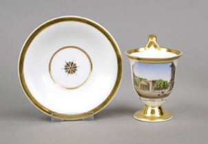 Berlin view cup with saucer, KPM Berlin, marks c. 1800-40, 1st choice, painter's marks 1823-32, bell