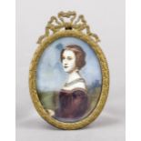 Miniature, 19th century, polychrome tempera painting on bone plate, unopened, oval bust portrait