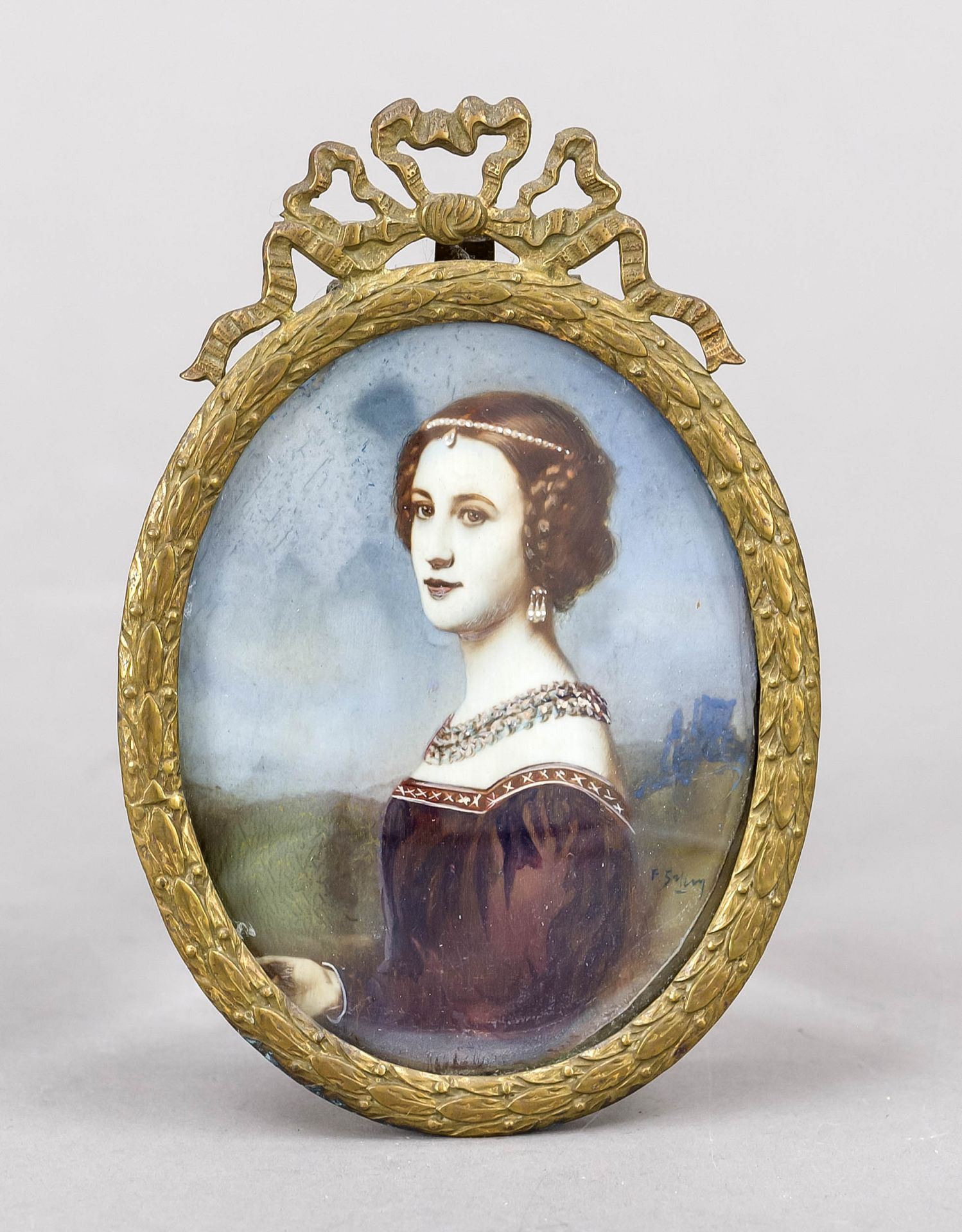 Miniature, 19th century, polychrome tempera painting on bone plate, unopened, oval bust portrait