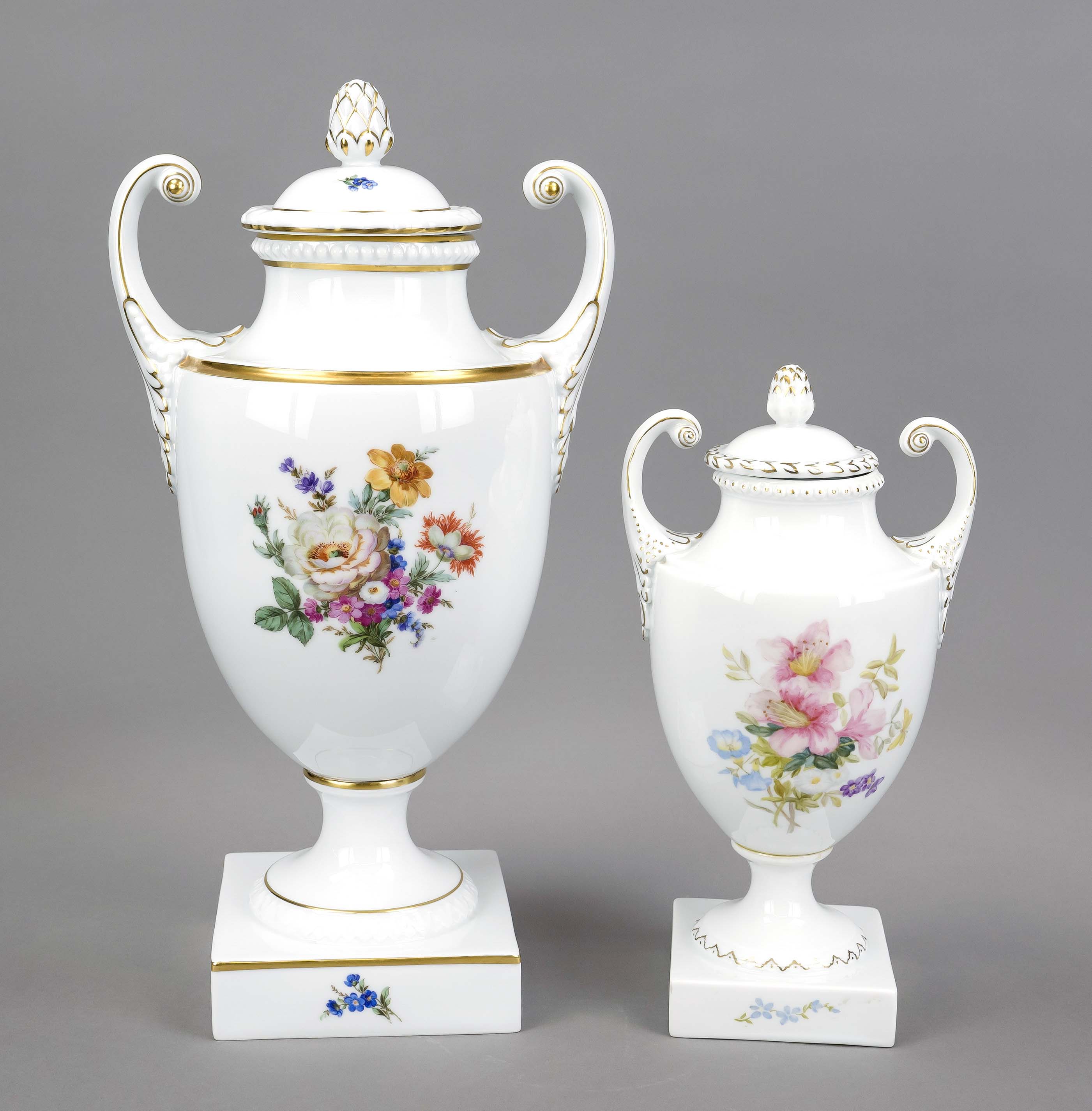 Two vases with lids, Füstenberg, 20th century, urn shape with raised volute handles, polychrome - Image 2 of 2