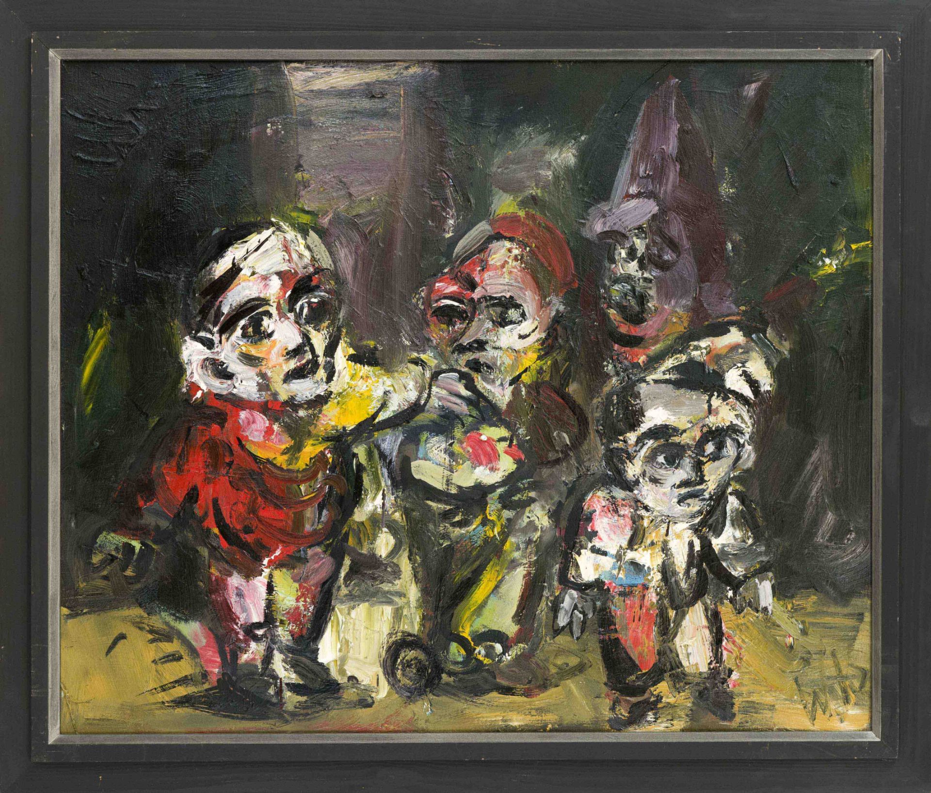 Monogrammist WH, 2nd half 20th century, expressive composition with grotesque figures, oil on