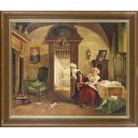 W. Lengkeek, Dutch painter 1st half 20th century, bourgeois interior with two maids at the laundry