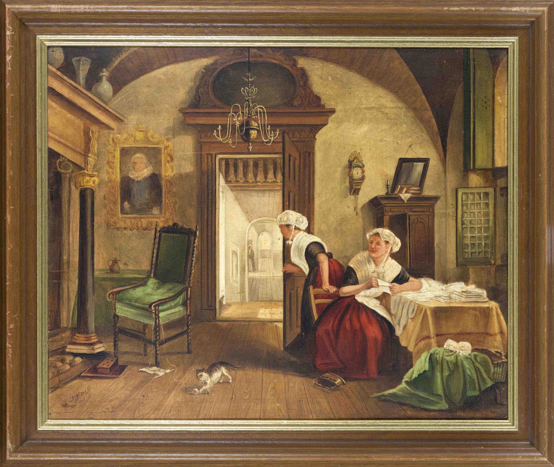 W. Lengkeek, Dutch painter 1st half 20th century, bourgeois interior with two maids at the laundry