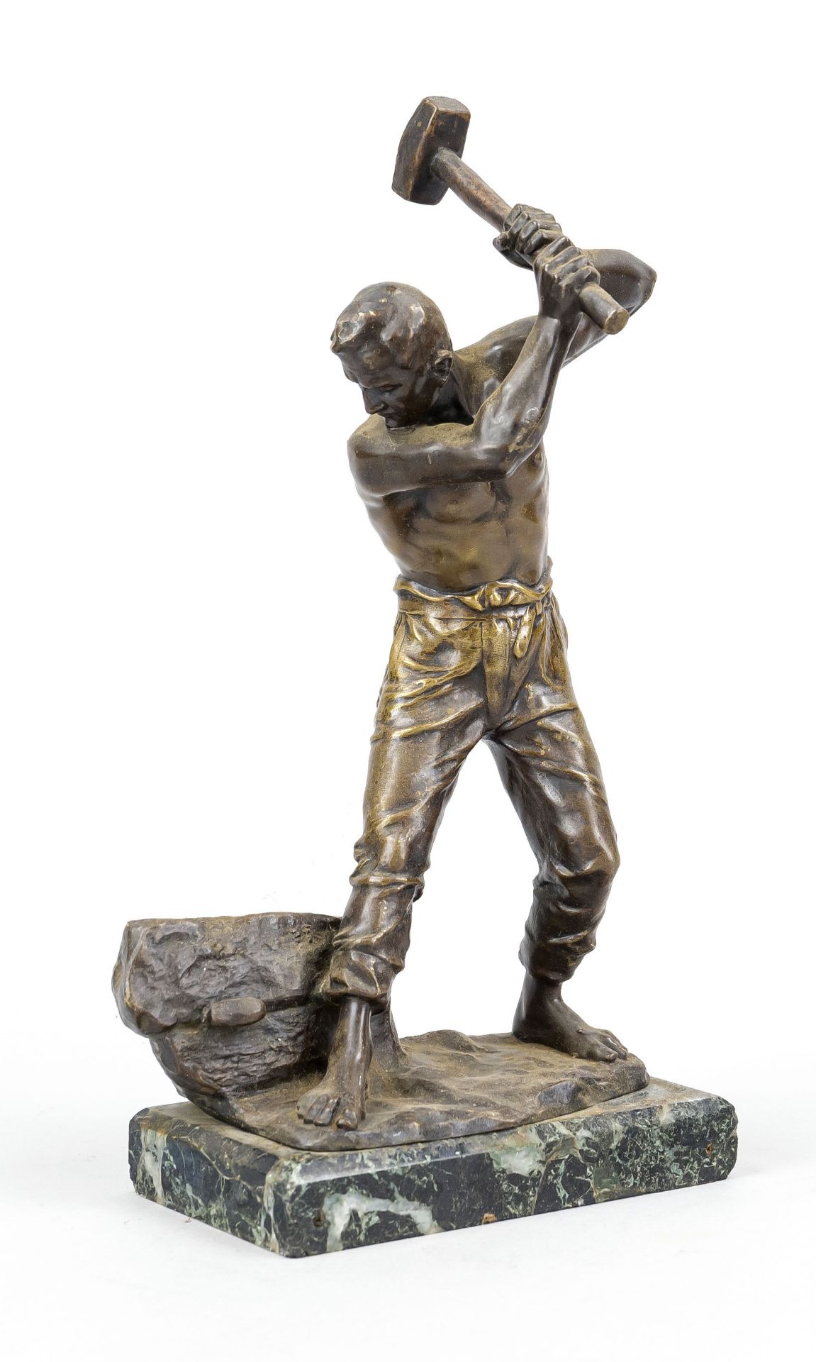 Ferdinand Lugerth (1885-1915), Austrian sculptor, worker splitting a large block, patinated bronze