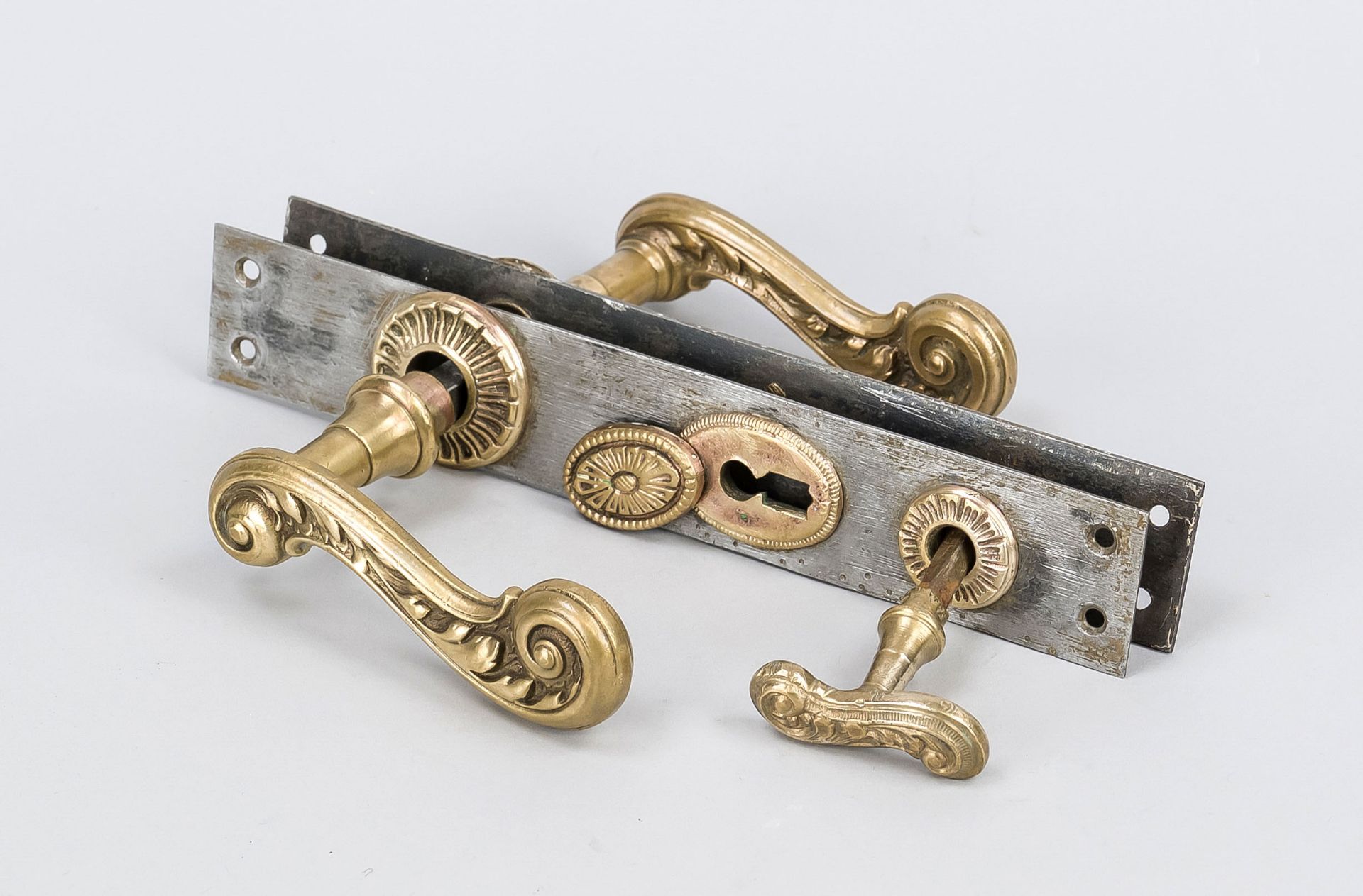 Door handle set, 19th century, bronze and iron, h. 24 cm