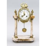 Table clock, rose-colored marble, with 4 columns, 2nd half 19th century, gilded clock drum crowned