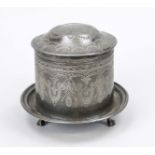 Lidded box, 19th century, pewter. Circumferential engraved decoration with garlands and geometric