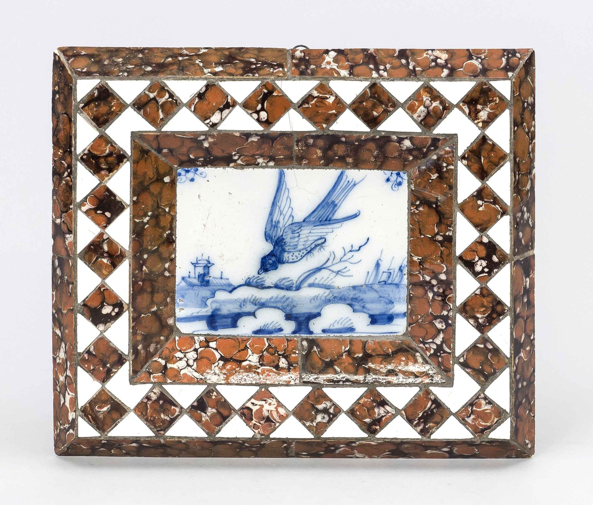 Tile painting, probably Holland 18th/19th century, bird over landscape in cobalt blue, frame