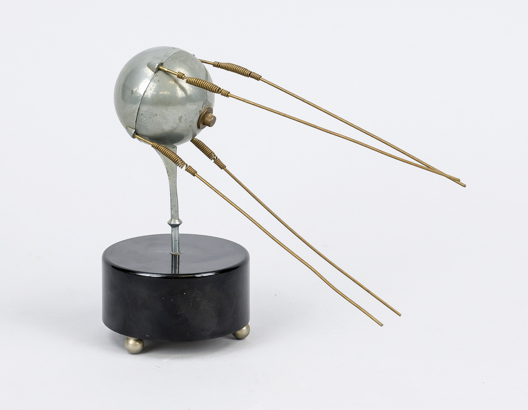 Model of the Sputnik, 2nd half 20th century, hollow metal ball with 4 metal rods on movable metal