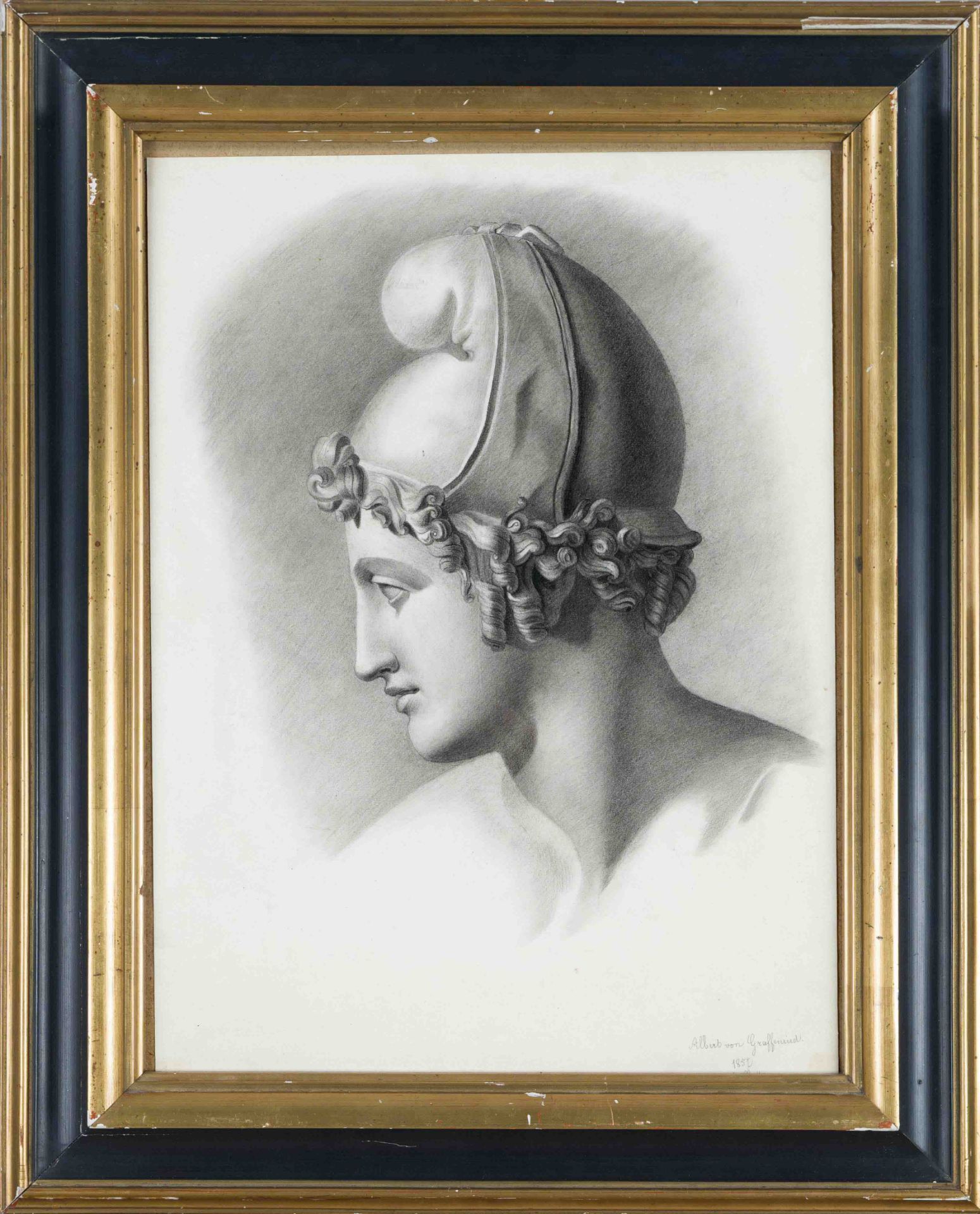 Albert von Graffenriedt, mid-19th century, antique head with Phrygian cap, charcoal pencil on paper,