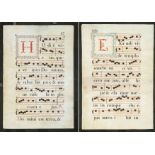 Two antiphonary leaves, probably 17th/18th century, parchment. Large colored initials, framed behind
