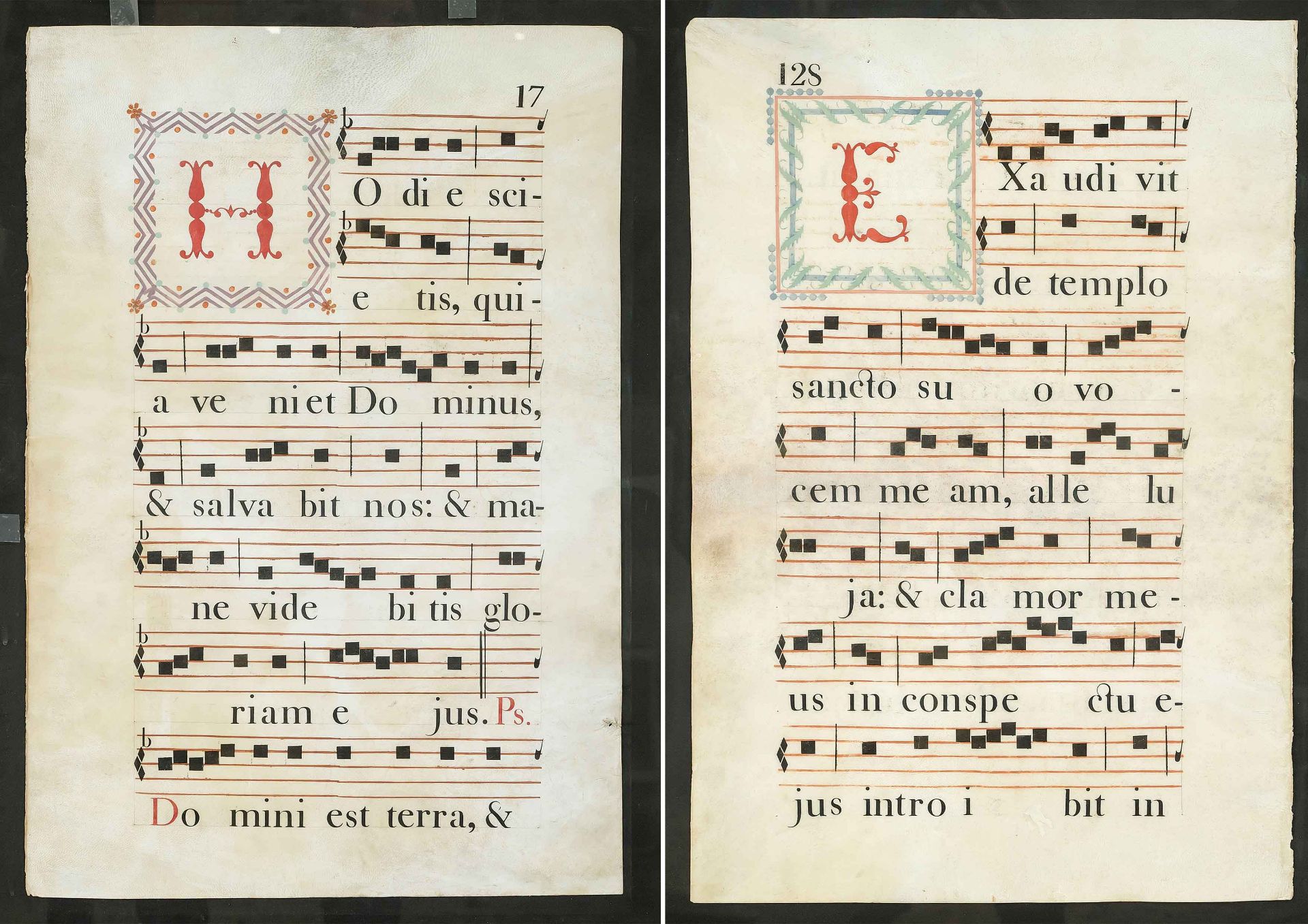 Two antiphonary leaves, probably 17th/18th century, parchment. Large colored initials, framed behind