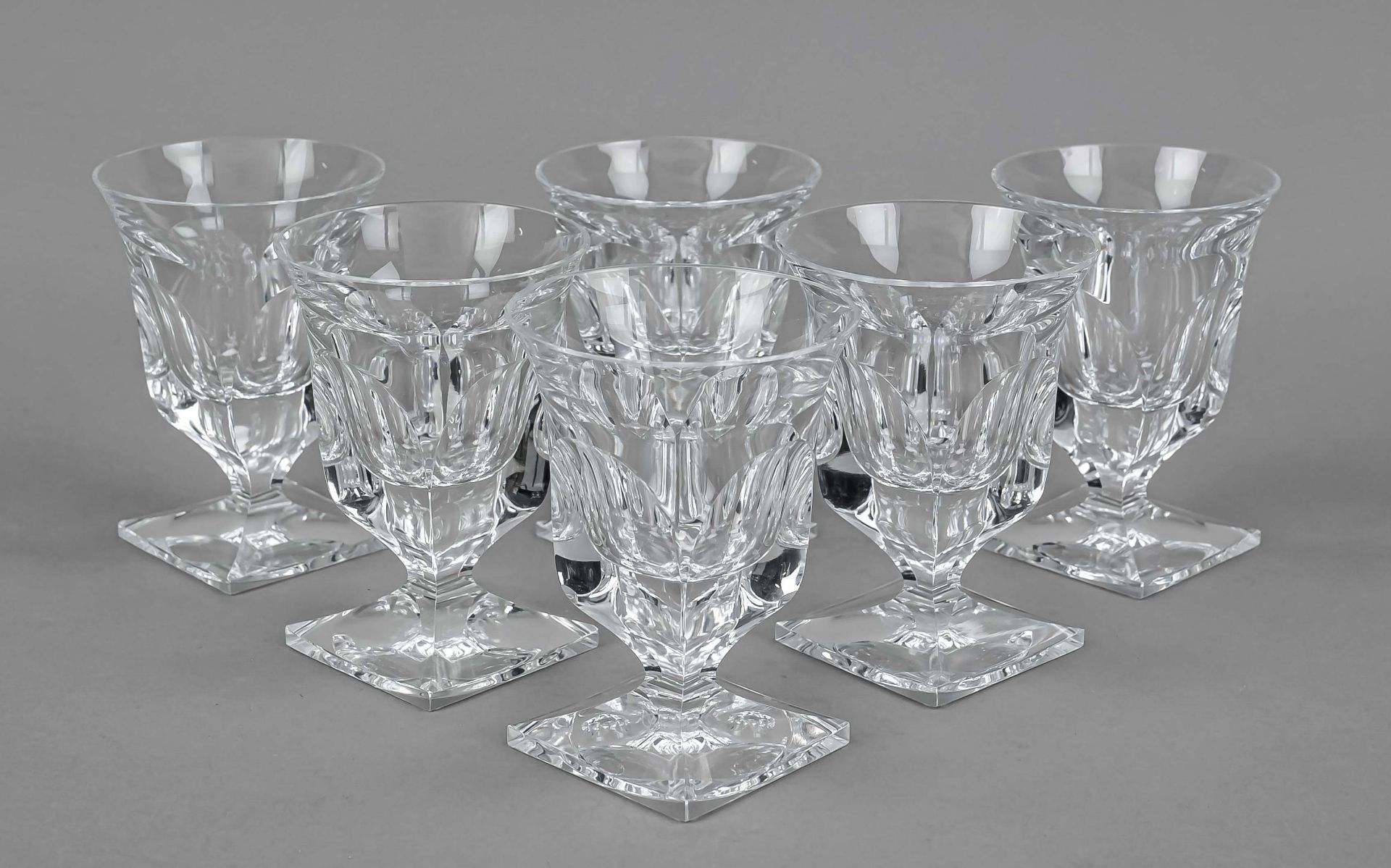 Six wine glasses, Czechoslovakia, 2nd half 20th century, Moser, Karlovy Vary, square base, conical