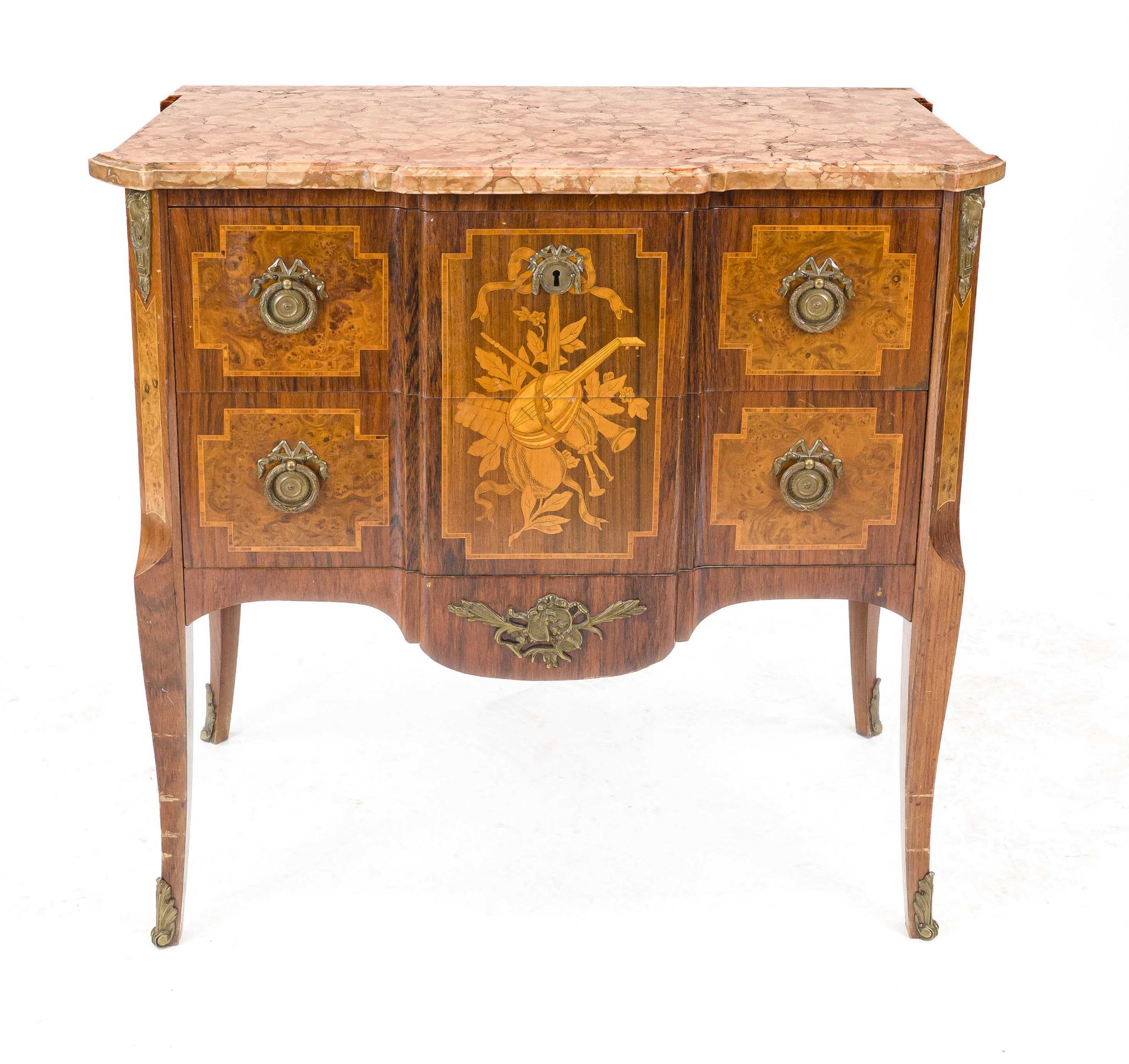 Classicist-style chest of drawers, 20th century, walnut and other precious woods, rose-colored stone - Image 2 of 3