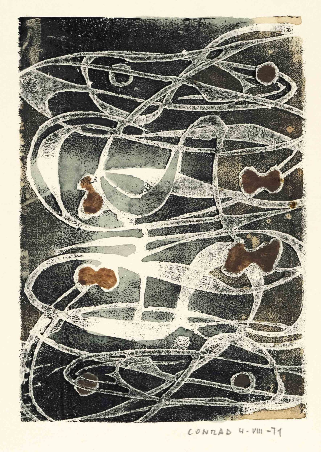 signed Conrad, artist of the Informel around 1970, group of four small monotypes on paper, each - Image 4 of 4