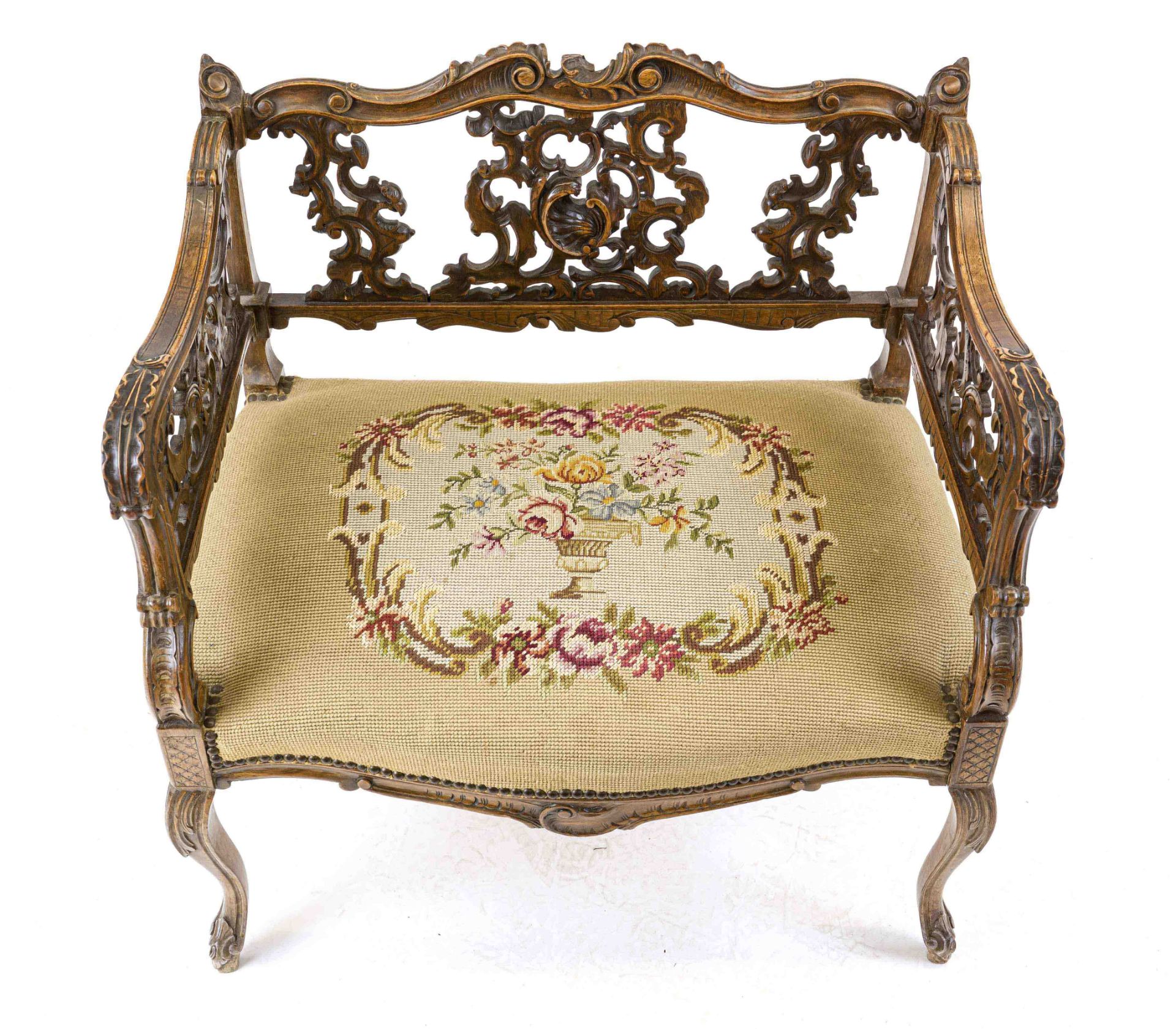 Salon chair, 19th century, walnut, heavily openwork carved sides and back on curved legs, tapestry - Image 2 of 2