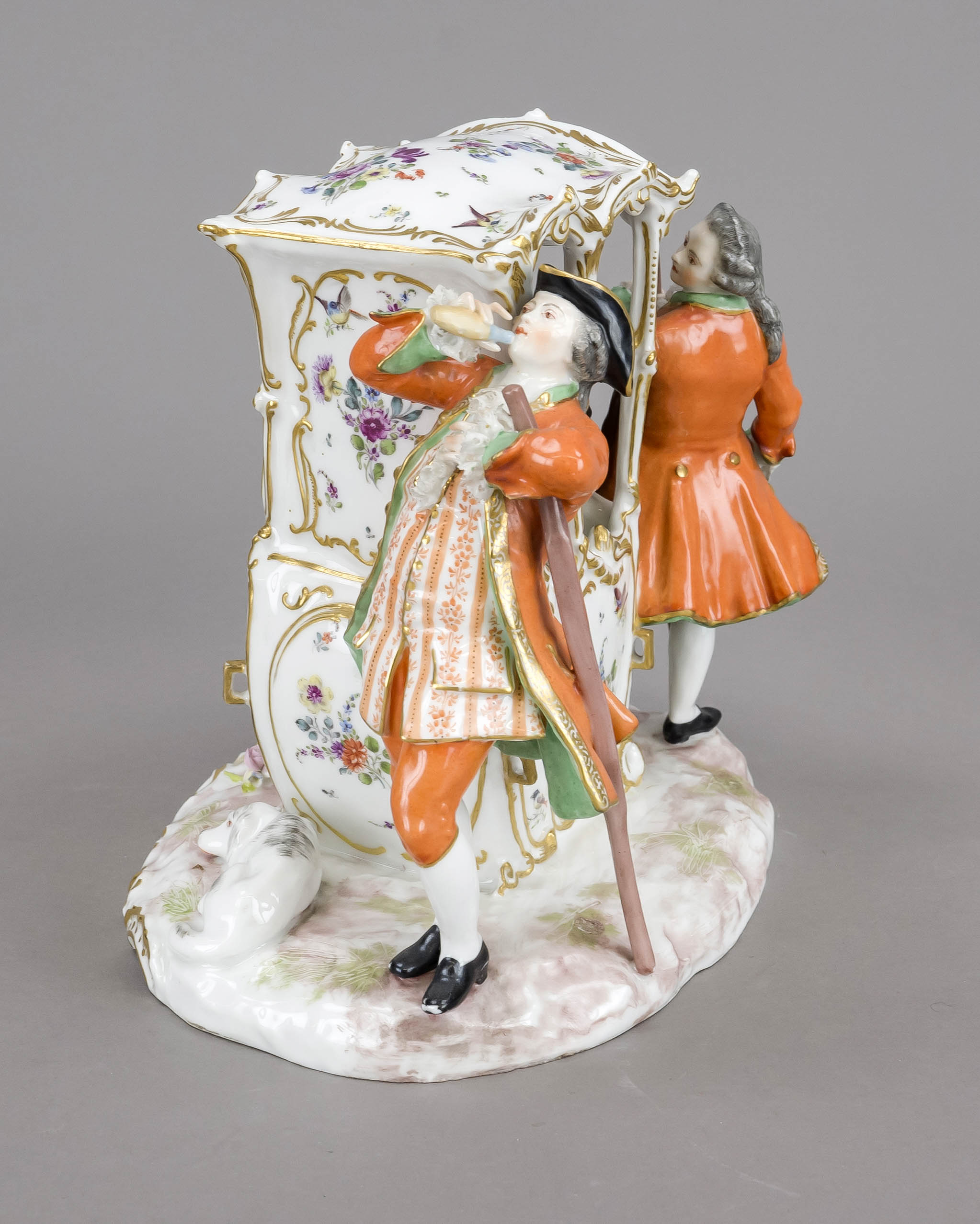 Large group of figures, w. Paris, late 19th century, an elegant lady in a sedan chair, carried by - Image 2 of 3