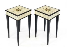 Pair of designer side tables, 21st century, Cherry Harrison, blackened hardwood, all-round lettering