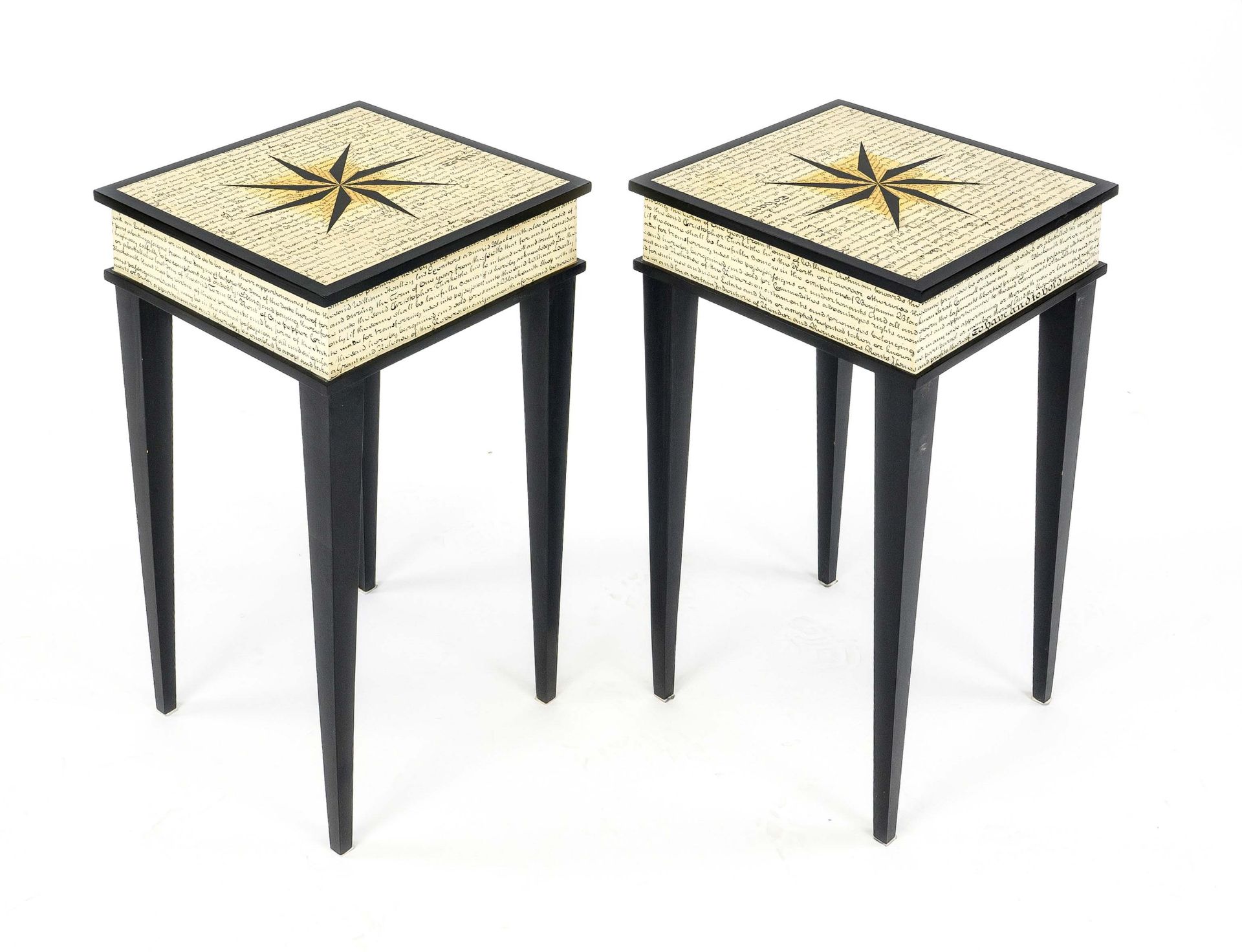 Pair of designer side tables, 21st century, Cherry Harrison, blackened hardwood, all-round lettering