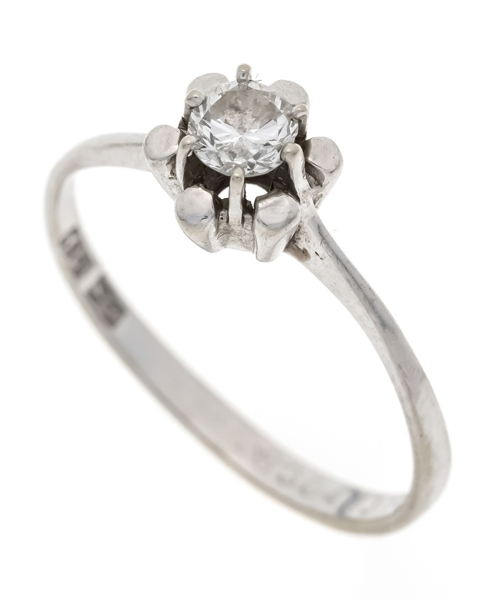 Diamond ring WG 585/000 with one brilliant-cut diamond 0.24 ct slightly tinted white/PI, RG 55, 1.