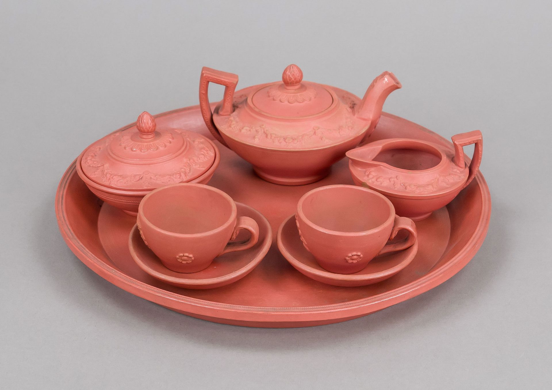 Tete-a-tete, 6-piece, w. England, 20th century, M.S.& C. stamp, terracotta, red overlay, antique