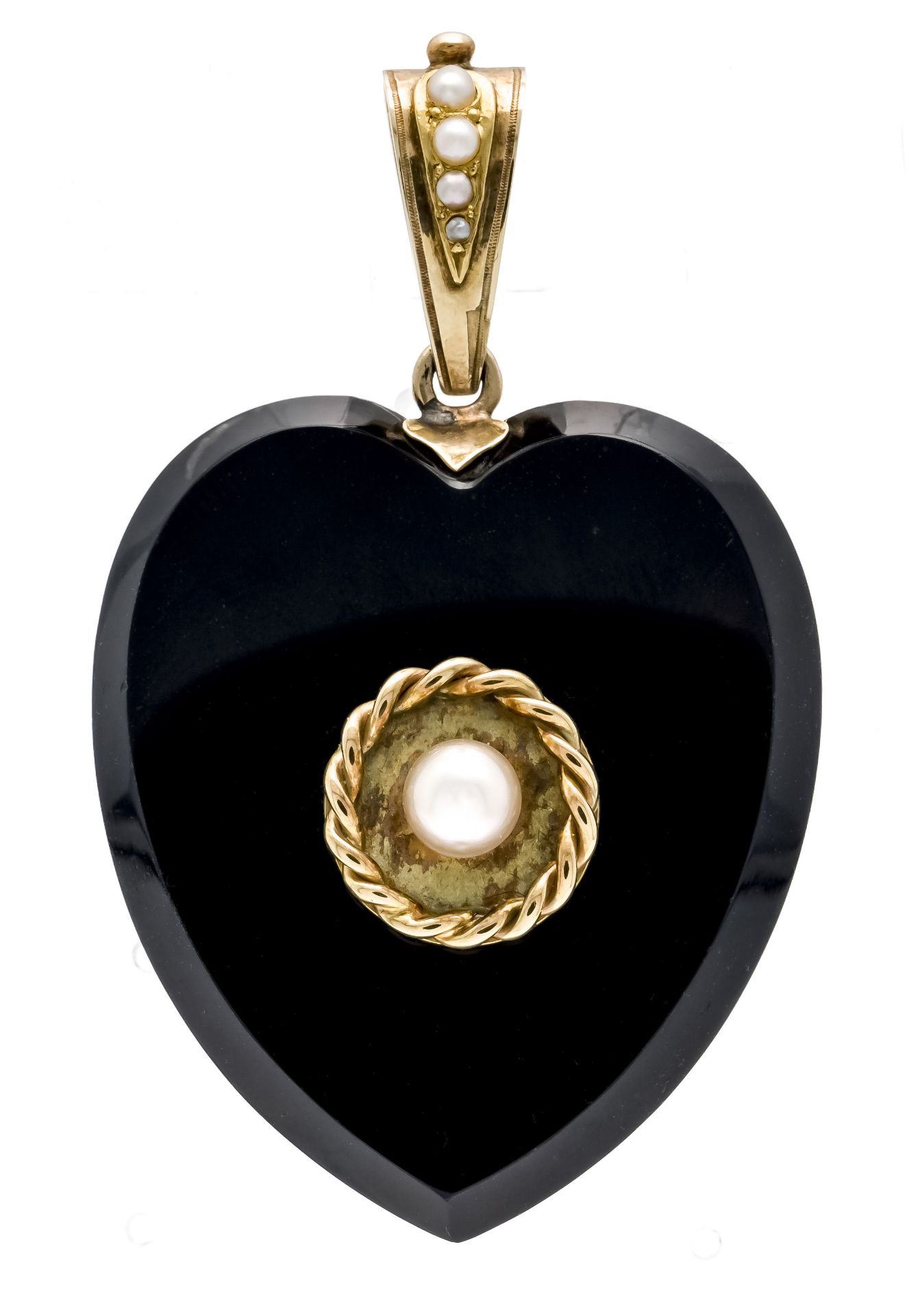 Onyx oriental pearl medallion GG 585/000 a faceted onyx heart with Akoya pearl 5.5 mm and oriental