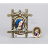 Devotional picture, 19th century, polychrome portrait of the Virgin Mary in an oval, 4 x 3 cm, in an