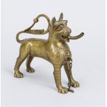 Aquamanile or oil lamp, early 20th century, bronze. Standing lion with a spout in its open mouth. An