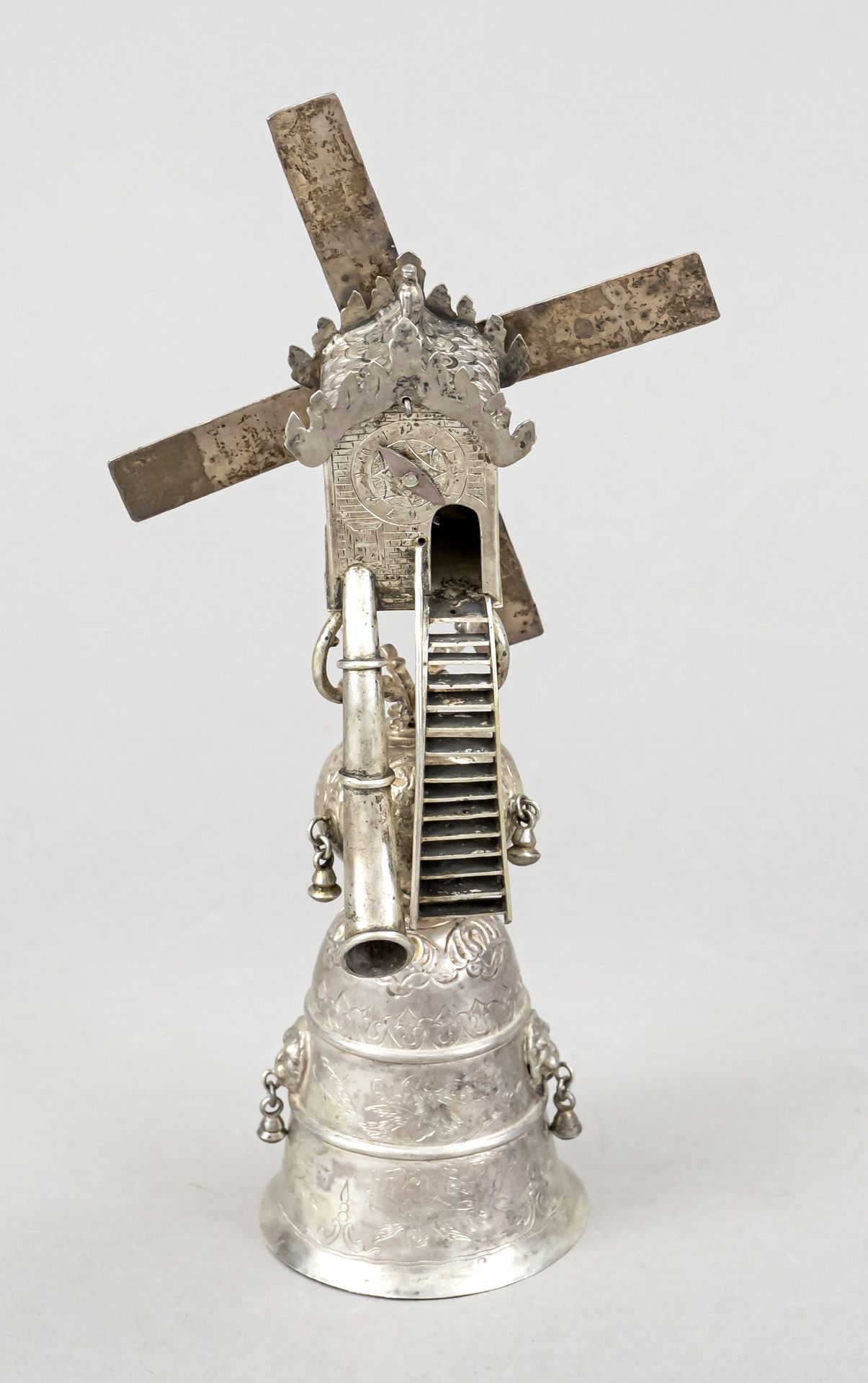 Drinking game windmill mug, 19th century, silver hallmarked, bell-shaped tumblers, spherical - Image 2 of 2