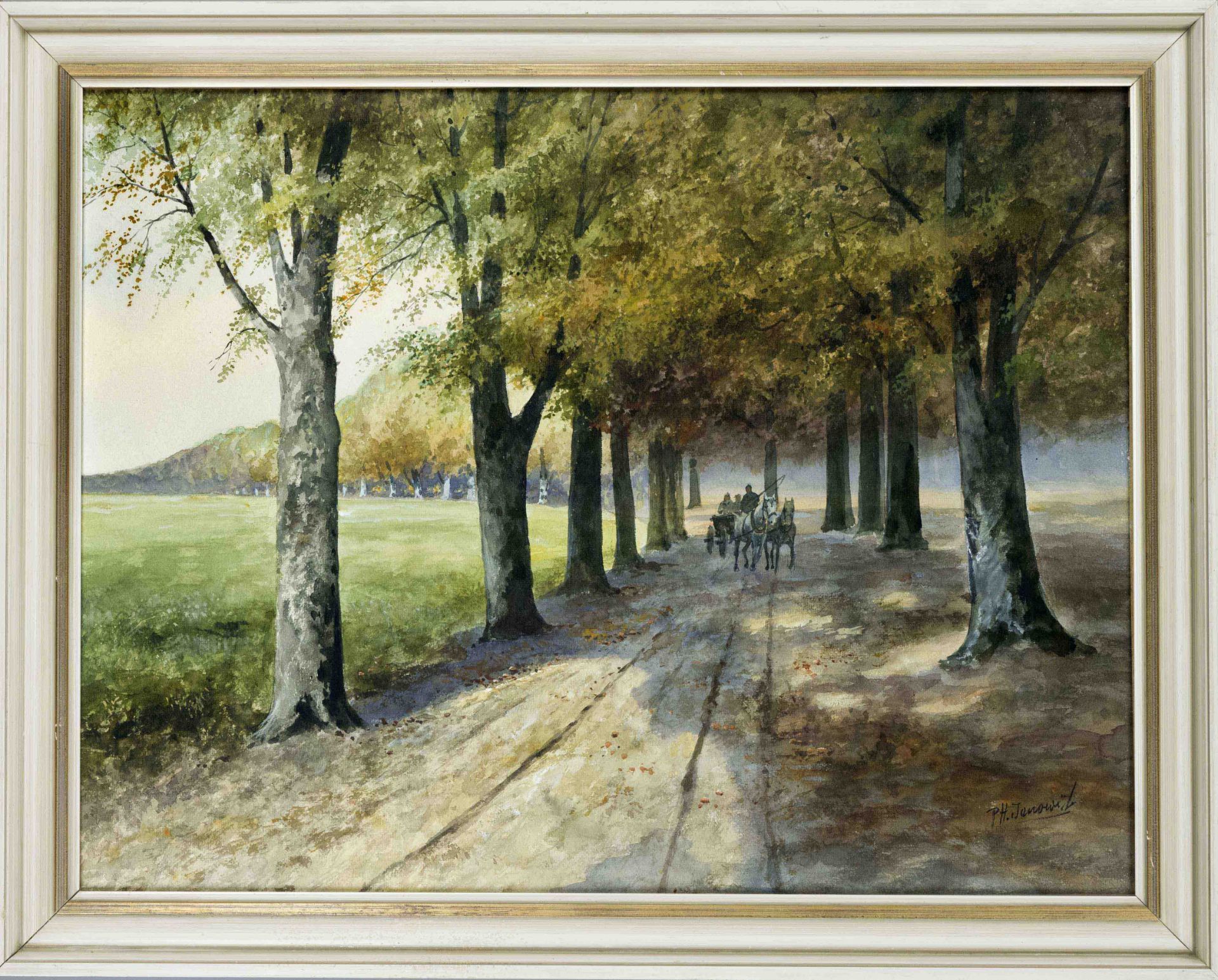 P.H. Janowitz, unidentified artist 1st half 20th century, Carriage in the shade of an avenue in a