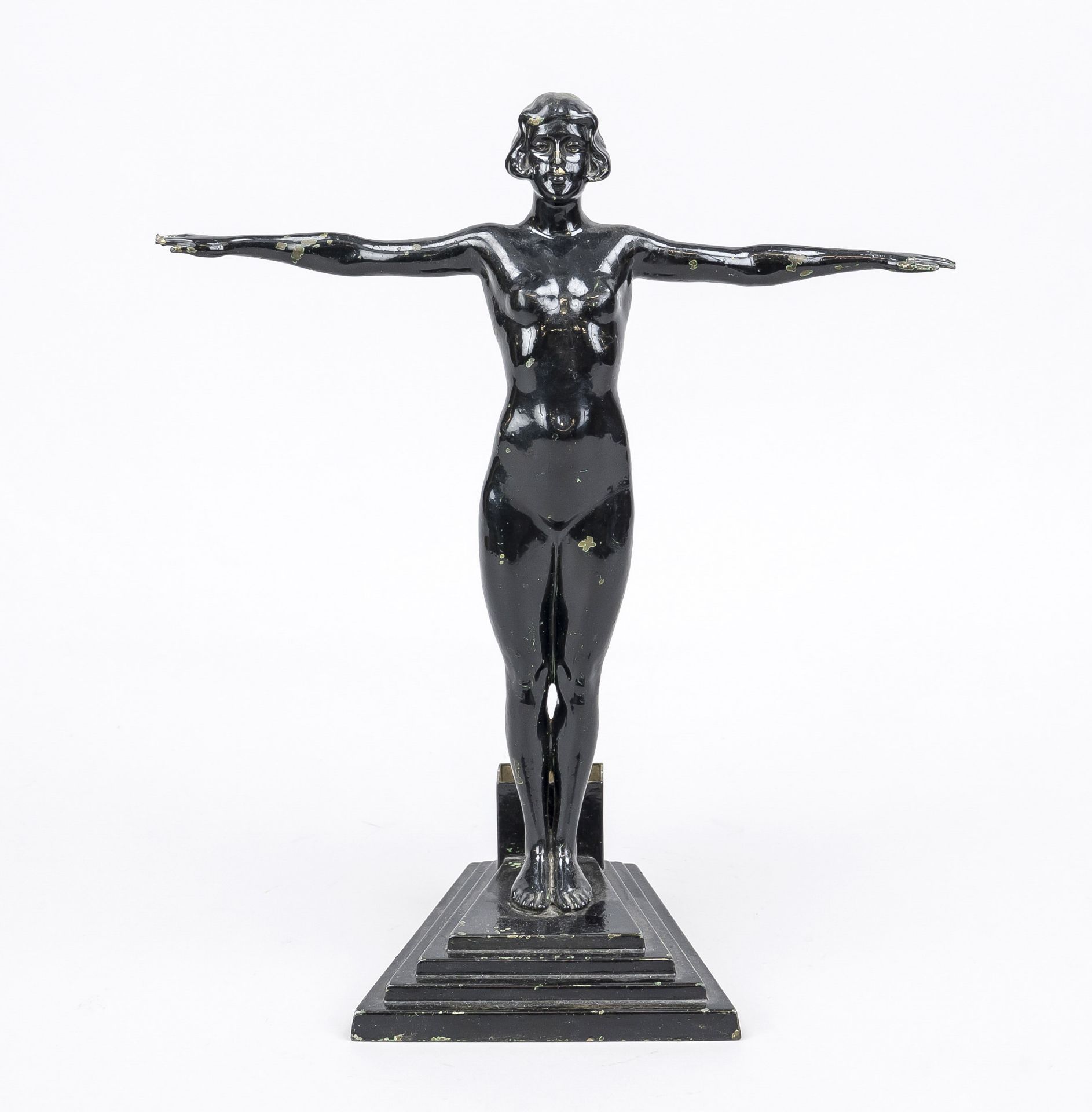 Figural Art Deco match holder, c. 1930, black lacquered cast metal, standing female nude on