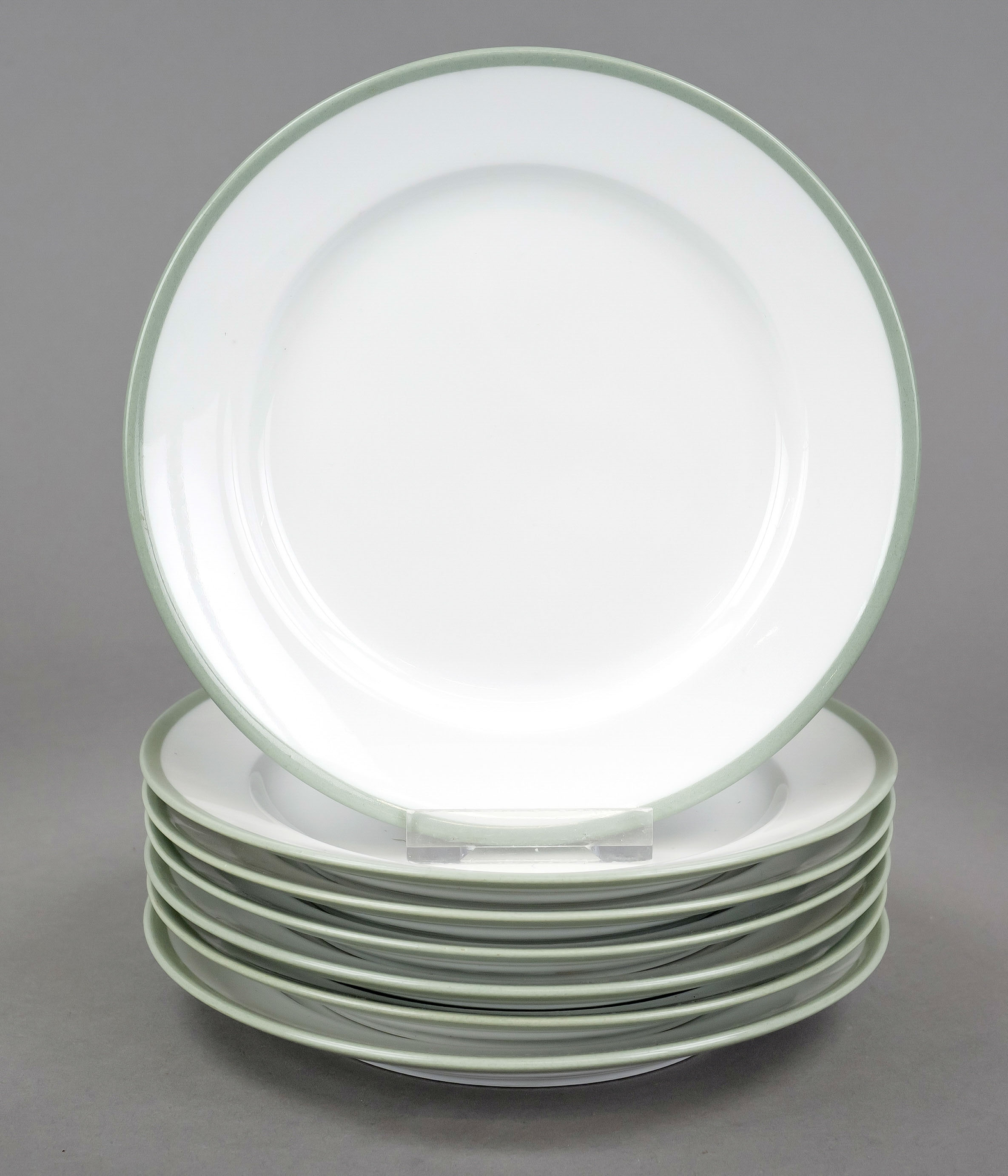 Seven small dessert plates, KPM Berlin, marks pre-1945, 2nd choice, Rhenish form, white with celadon