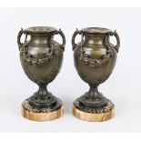 Pair of side plates, late 19th century, bronzed cast metal on a stone base. Vases with relief