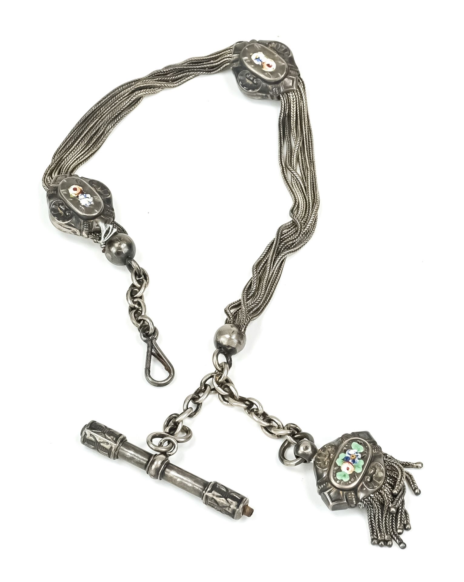 Chatelain silver with slider, pendant and pocket watch key, 19th century, plaited chains, silver