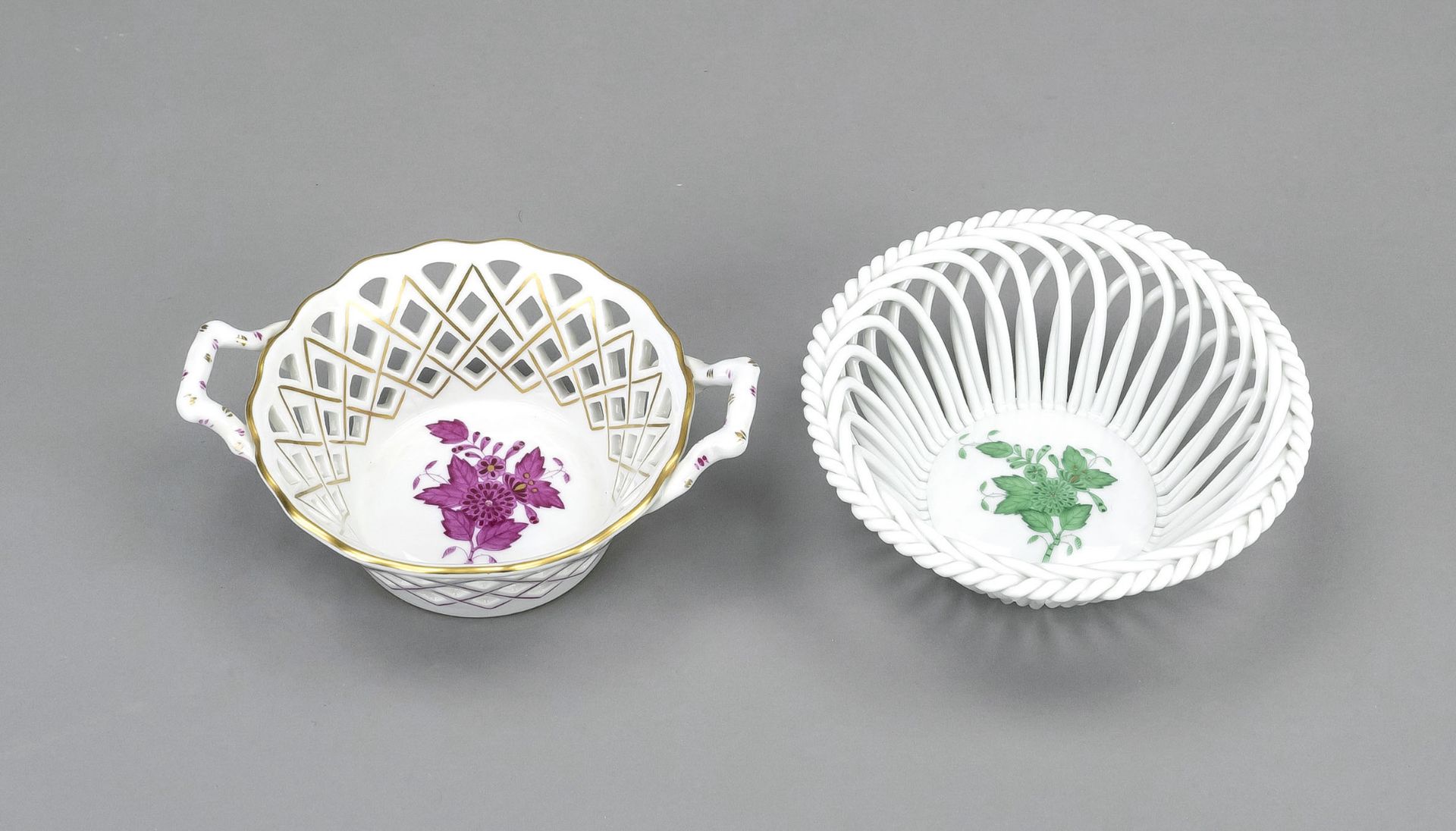 Two small bowls, Herend, 20th century, painted with Apponyi decoration in green and purple