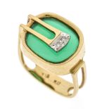 Design ring GG/WG 750/000 with an oval green stone plate 12.5 x 11 mm and 2 octagonal diamonds,