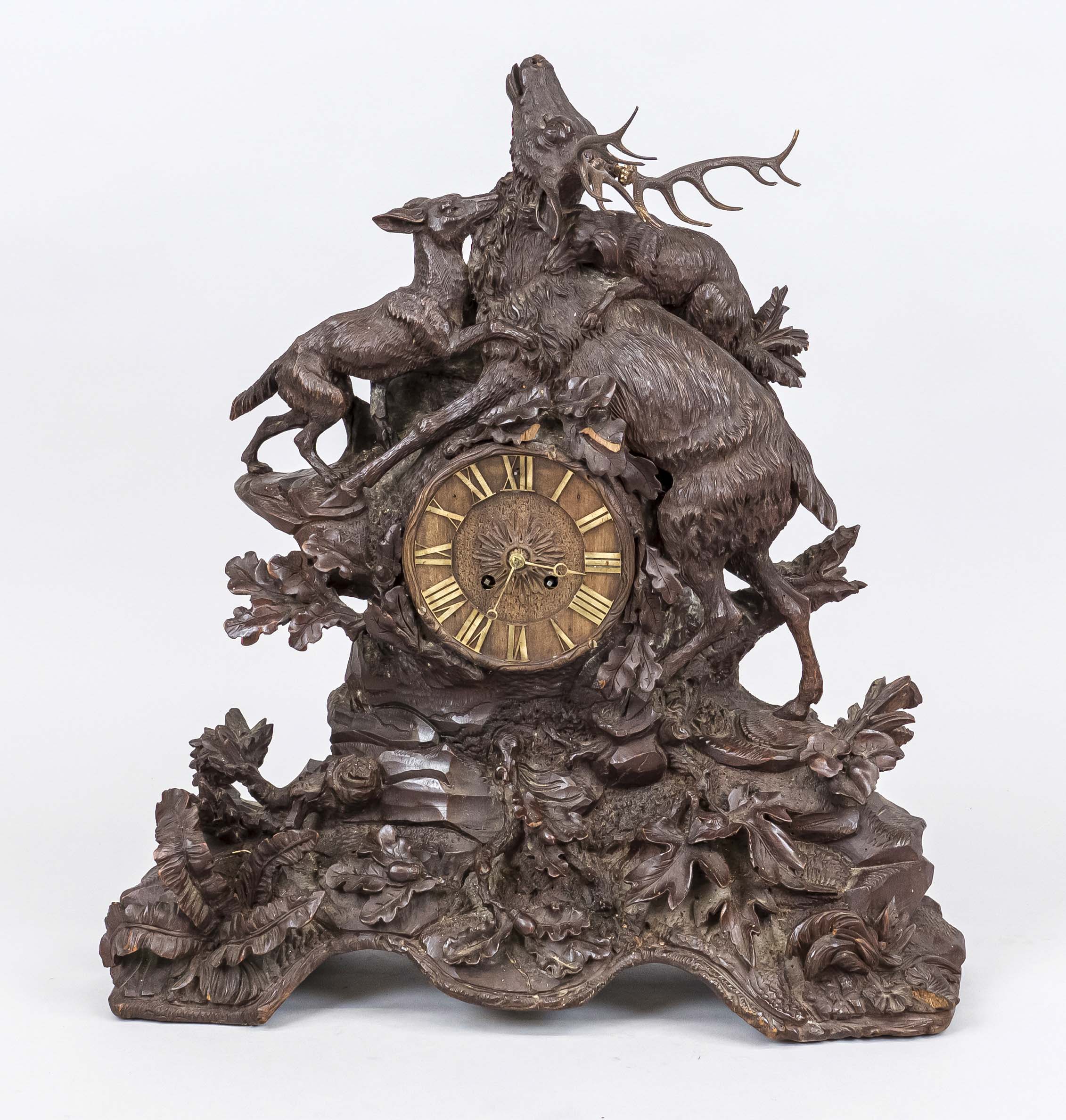 Large massive carved wooden clock with hunting motifs, 2nd half 19th century, dogs tearing a stag,