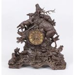 Large massive carved wooden clock with hunting motifs, 2nd half 19th century, dogs tearing a stag,